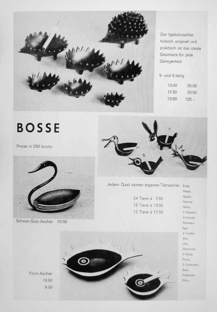 Original Walter Bosse black and white catalog page circa the 1960s featuring his hedgehog ashtray