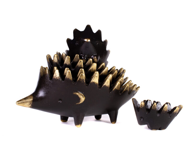 Walter Bosse vintage brass stacking hedgehog ashtray set with black patina and polished gold highlights