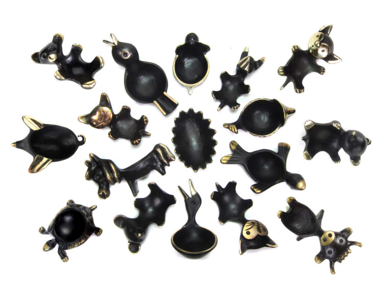 Collection of Walter Bosse brass animal egg cups with black patina and polished gold highlights circa the 1960s