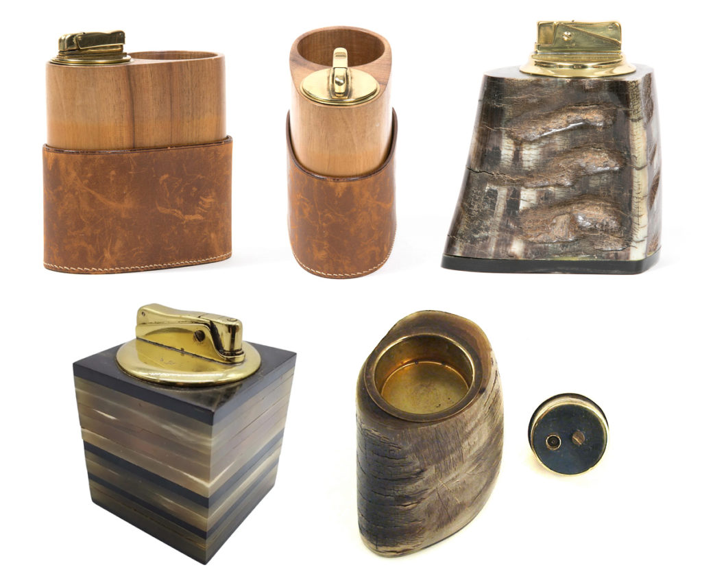 A photo collage of 5 table lighter designs by Carl Auböck in wood, brass, leather and horn.
