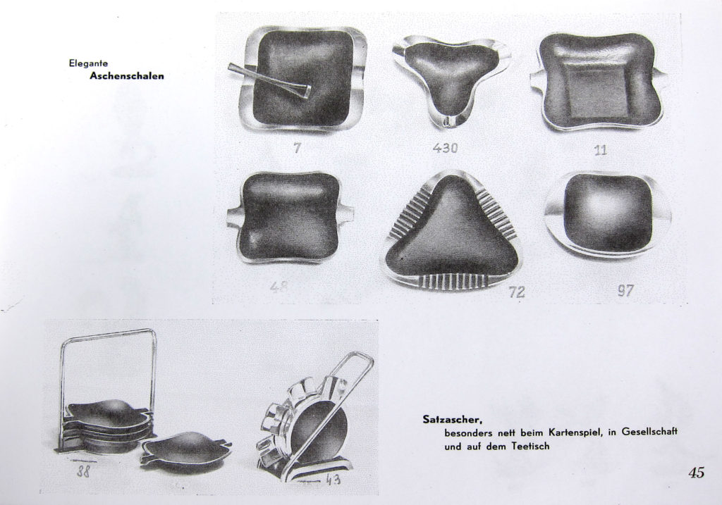 Black and white photo of page #45 of an original 1950s Richard Rohac catalog  with the above brass ashtray and pipe tamper under #7.