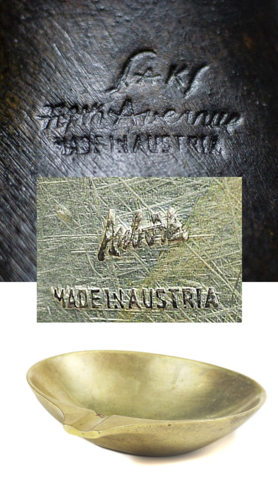 Closeup comparison of Auböck's "Made in Austria" marks and Ashtray and "Made in Austria"  figa lighter's marks.