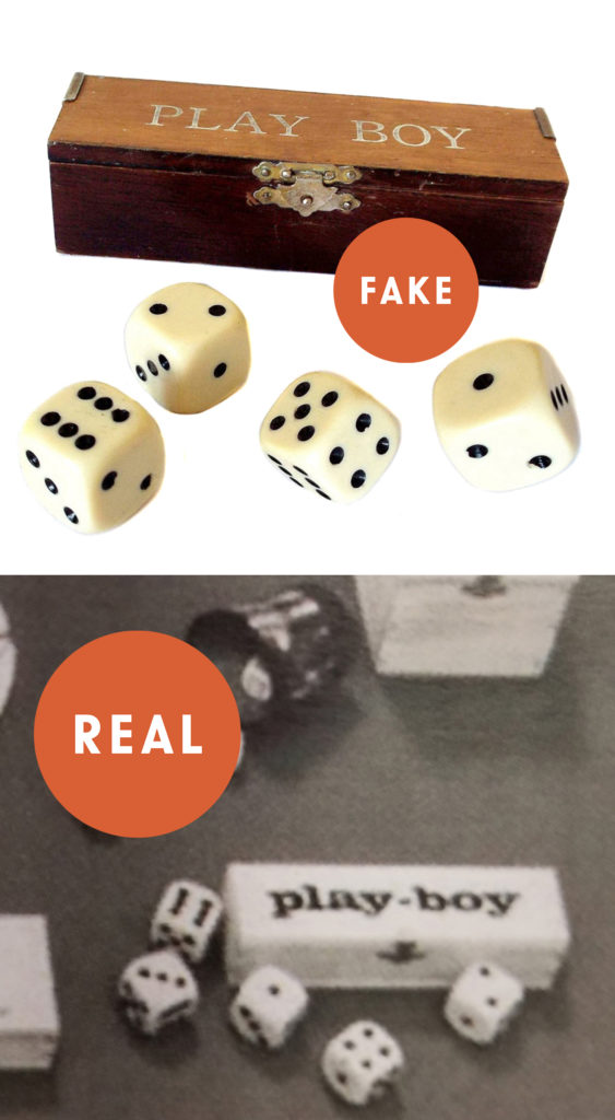 Fake Carl Auböck stained wooden box for dice with "Play-Boy" printed in gold foil on top and white dice scattered in front.  Black and white historical photo of an authentic Auböck "Play-Boy" box is below.