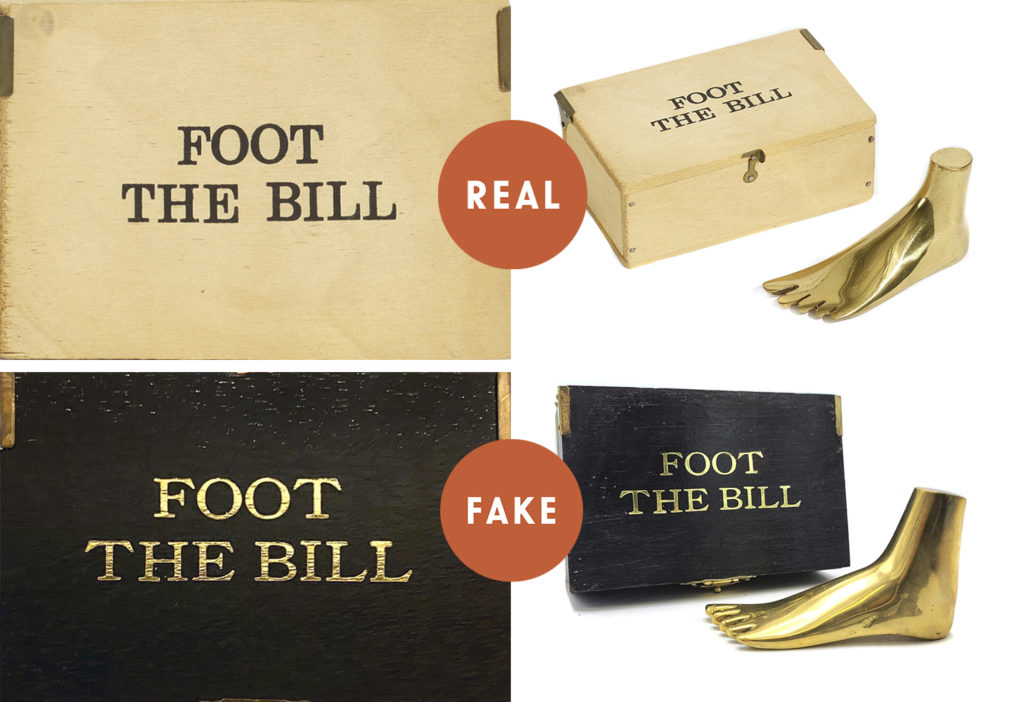 Original Carl Auböck brass foot paperweight with matching wooden box printed in black ink with "Foot the Bill". Corresponding fake box in stained black wood and printed with gold foil. 