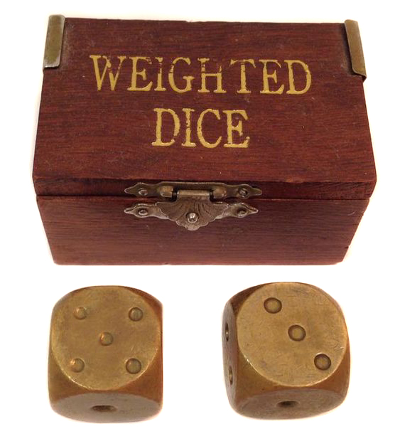 Dark Stained wooden box with "Weighted Dice" printed in gold foil on top and two brass dice paperweights, with 5 and 3 facing up.