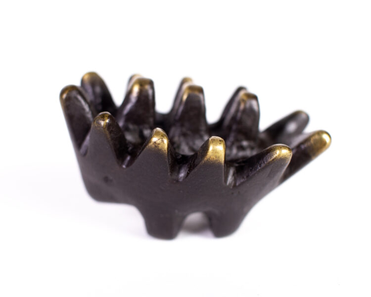 Walter Bosse vintage brass stacking hedgehog ashtray set with black patina and polished gold highlights