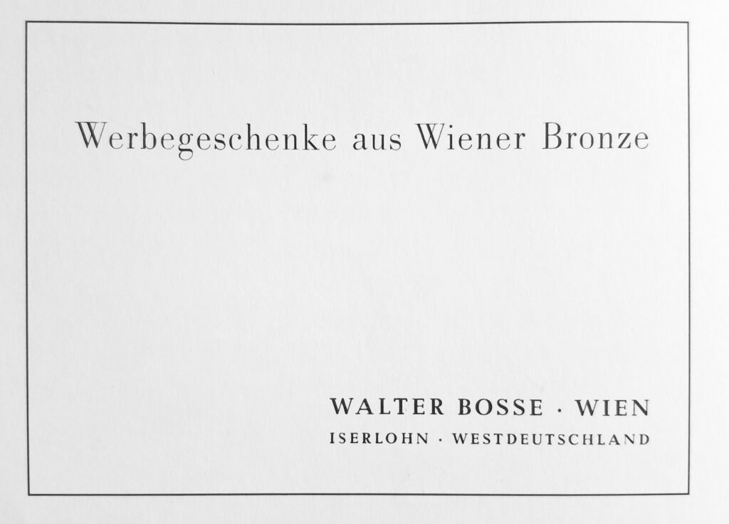 Original Walter Bosse black and white catalog page circa the 1960s from his time in Iserlohn titled "Werbegeschenke aus Wiener Bronze"